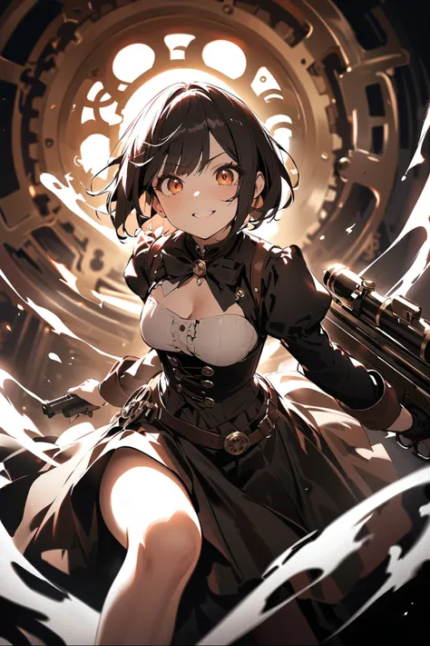 1 girl, (cute face), (short hair), (determined expression), small breasts, (wearing a fitted steampunk dress with corset), above knee length, (metallic details), 
BREAK 
industrial landscape, (gattling gun:1.2), striking a heroic pose, (smoke and gears in ...