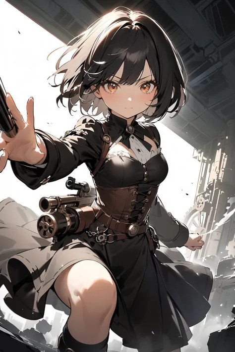 1 girl, (cute face), (short hair), (determined expression), small breasts, (wearing a fitted steampunk dress with corset), above knee length, (metallic details), 
BREAK 
industrial landscape, (gattling gun:1.2), striking a heroic pose, (smoke and gears in ...