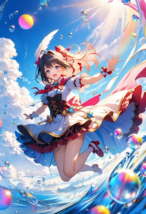 (Highest image quality, Masterpiece: 1.2),
Vivid colors, strong contrast,
(Magnificent Panoramic View: 1.3), Clouds in the blue sky,
Magical girl flying in the sky, cute clothes with many decorations, cape on only one side of her clothes, 
(dynamic angles,...