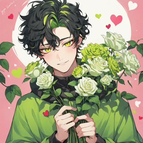 1 boy yellow green black hair perm Valentine's Day 