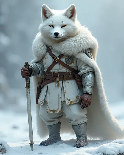 Male arctic fox with light combat armor completely in white color, wearing a white cover with some tears and in one hand he is holding a long white cane, with a scar cutting through the eye 