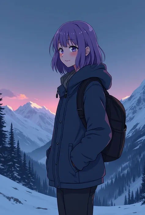 1female,anime but more cartonish and simpler, transgender, different hair color other than purple, on a snowy mountain and dark, wearing a jacket and a backpack, Age:23,Height:5ft 7inches,Weight:Average,hest size:flat,Body type:Average but quite soft and s...