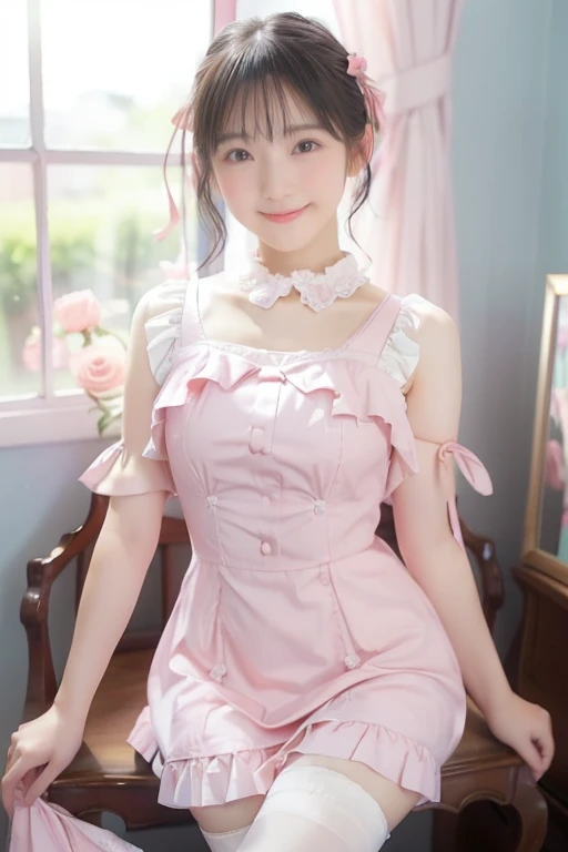 ( best quality、masterpiece、8k、 best image quality、 hyperrealism、 Award-winning work )、1 Lolita girl、( alone:1.1)、( 1 photo:1.1)、( cute and girly light pink ruffle open chest lolita dress:1.2)、( Cute Girly Big Ribbons :1.1)、Girly lace decoration、cute frill ...