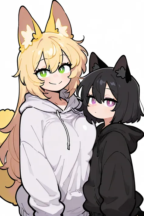  high resolution,  best quality,Smiling  with blond hair, green eyes, black cat ears, and a big black hoodie with a tail,An expressionless adult woman with long black hair, loose hair and purple eyes wearing a white hoodie, Oneshota,