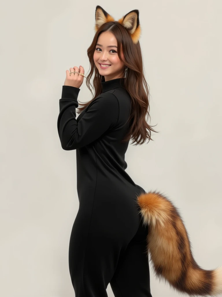 ((  top quality , 8k)), (( Juliet's sleeve 1 dumb haired girl)), ((  photorealistic)), (Masterpiece),  perfect face , ((Woman with fox ears )), ((That woman has a tail )), foxgirl, (Her tail is big  ), ( That beautiful woman is smiling), She's a college st...