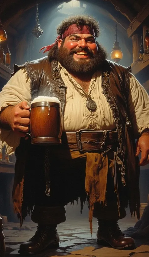 a smiling fat pirate with gold teeth, holding a large wooden mug