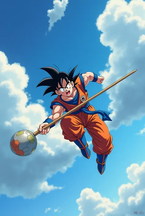 Son goku hold a stick fly on the cloud