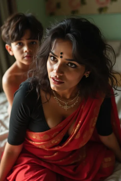 a 30years old gorgeous woman, shaggy hair a beautiful gorgeous thick indian hindu woman wearing sexy red saree and black blouse , woman orgasm face, big breasts, cleavage, bindi on her forehead, sexy curvy figure, radiant glowing white skin, beautiful sexy...