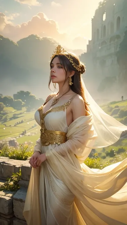 A stunning woman, adorned in Roman-era inspired attire: a sheer flowing white toga with golden trims, paired with metallic accessories resembling ancient Roman armor. The background is a fusion of ancient Roman architecture city, with soft golden sunlight ...