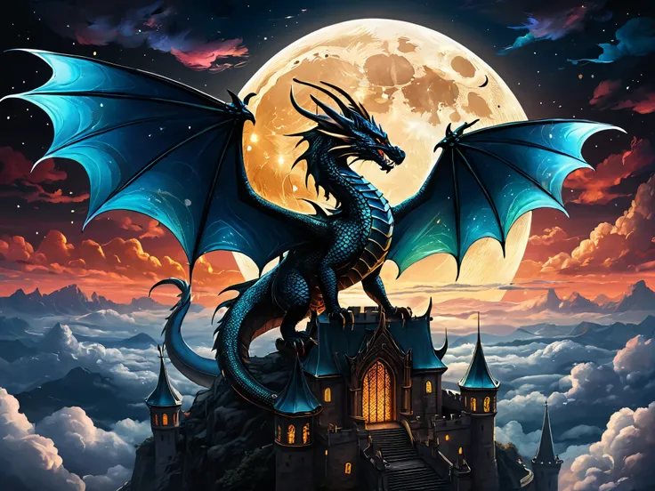 (( best quality)), ((masterpiece)), ( Details), dragon, 天上のdragon, (( stained glass scales )),  gradient scales 、celestial beauty,  big wings、 Above the Clouds, ( fantasy illustration :1.3), Mystical Sky, Big Moon, Big Castle、Moonlit Night, ( Details cloud...