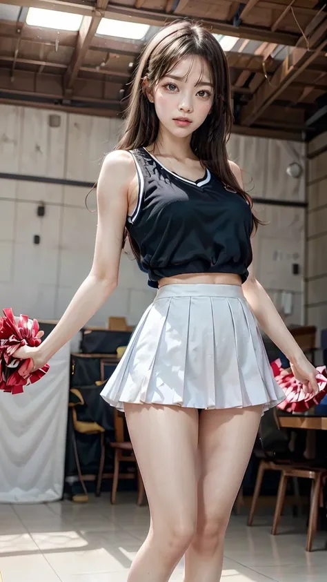 A beautiful young Japanese woman, 20 years old, with perfect anatomy, healthy thighs, beautiful feet, flawless skin, random hair color and style, large bust, (she is standing:1.2), wearing a cheerleader uniform with micro-pleated miniskirt, in a full body ...