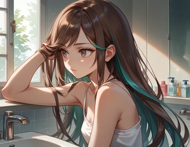 (masterpiece, best quality), solo, close up, intricate details, JK, close up, girl adjusting hair while looking into mirror, beautiful face,  ((brown eyes, brown hair, very long hair, hair with teal highlights, long swept bangs)), ((spaghetti strap tank to...