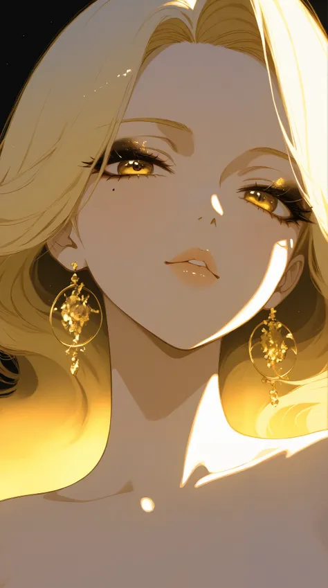 80’s glam rock makeup on shiny android face, anime, 2.5D, Glittery face, moody lighting, (yellow and black palette), iridescent face, abstract ai model, pretty, sexy, minimal, sleek, slender, asian, elegant, futuristic, retro, sophisticated half human half...