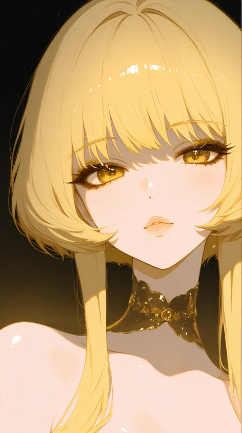 80’s glam rock makeup on shiny android face, anime, 2.5D, Glittery face, moody lighting, (yellow and black palette), iridescent face, abstract ai model, pretty, sexy, minimal, sleek, slender, asian, elegant, futuristic, retro, sophisticated half human half...