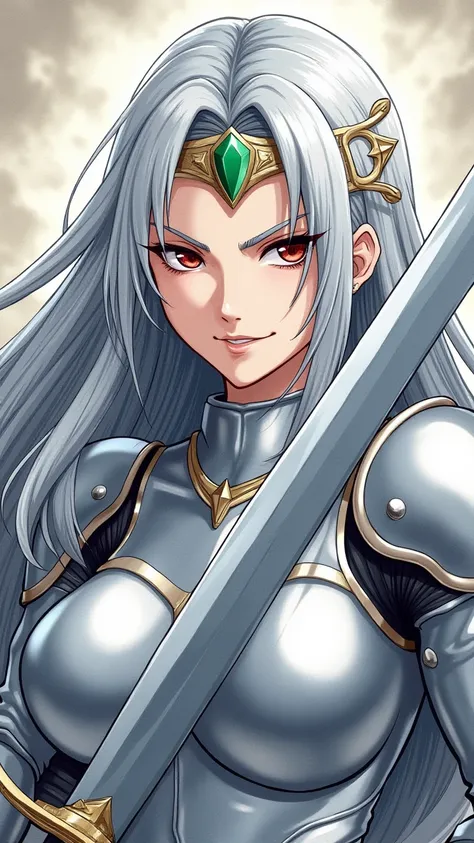 Celes Metalias from Dawn of the Silver Dragon manga, manga style drawing, wearing silver armor, wearing silver tiara with emerald, holding a sword with one hand, ponting the sword to the viewer, eyes facing camera, smirking, mocking camera with bitter smil...