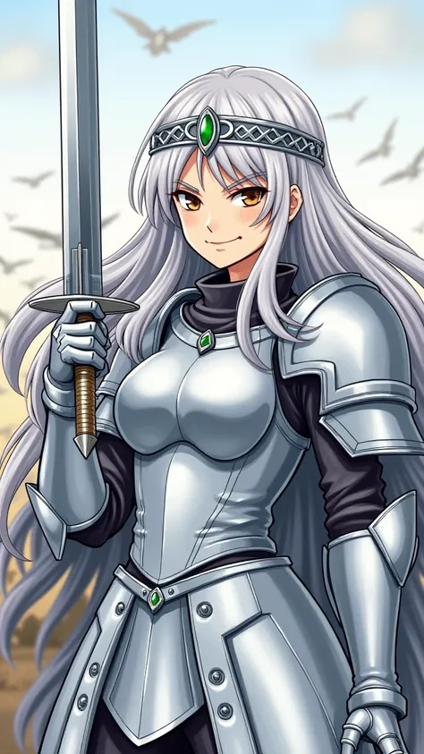 Celes Metalias from Dawn of the Silver Dragon manga, manga style drawing, wearing silver armor, wearing silver tiara with emerald, holding a sword with one hand, ponting the sword to the viewer, eyes facing camera, smirking, mocking camera with bitter smil...