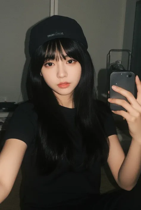 She is a beautiful Japanese teenager, with pale skin, long black hair with bangs and black eyes. She is taking a selfie. Clothes: She is wearing a black NewEra cap and is wearing a black t-shirt along with black pants. Setting: Poorly lit room.