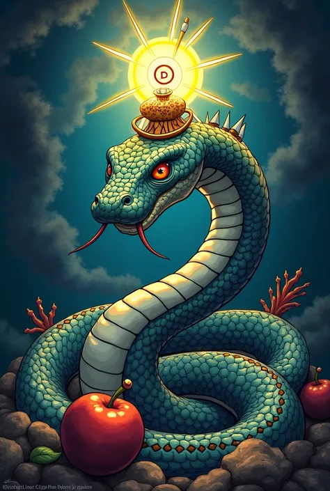 A snake with the will of D in One Piece design. Have an apple and Nika Aura on the snake. D logo should be noticeable and have the snake have googly eyes same as Luffy's eyes.