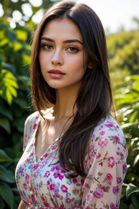 highres,realistic,portrait,detailed,medium:1.2,beautiful girl,flowing dark hair,expressive eyes and lips, Long Straight Hair, delicate facial features,wearing a floral summer dress,standing in a lush garden bathed in sunlight,vibrant colors,soft shadows,se...