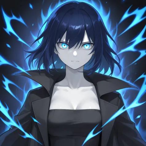 female、  long coat 、 Long dark blue hair、Eyes are pitch black 、zitoida 、   high definition 、 Super Fine、The whites of the eyes are black 、 white skin、  Blue Aura 