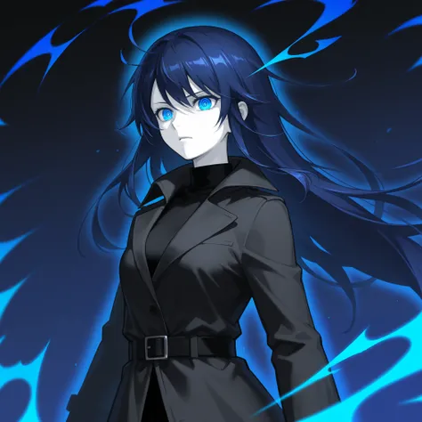 female、  long coat 、 Long dark blue hair、Eyes are pitch black 、zitoida 、   high definition 、 Super Fine、The whites of the eyes are black 、 white skin、  Blue Aura 