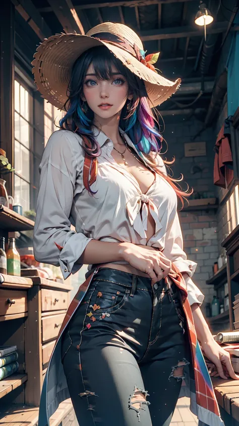  attractive women [Gunman:Bounty Hunter:0.4]  stands in a desolate apocalyptic world ( Glitch Wave Style :1) 、 Rainbow(rainbow)Hair Color、 long hair、 cowboy hat