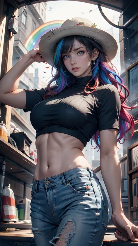  attractive women [Gunman:Bounty Hunter:0.4]  stands in a desolate apocalyptic world ( Glitch Wave Style :1) 、 Rainbow(rainbow)Hair Color、 long hair、 cowboy hat