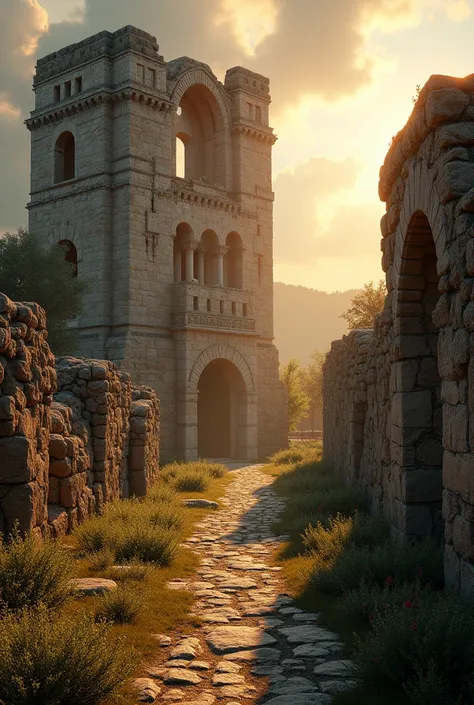 Epic cinematic portrait of the ancient Three Eyes Castle (Üç Gözler Kalesi) in Aydın, Turkey, remnants of Roman architecture, towering stone arches with intricate carvings, weathered textures, golden hour lighting casting long shadows, dramatic cloudy sky,...