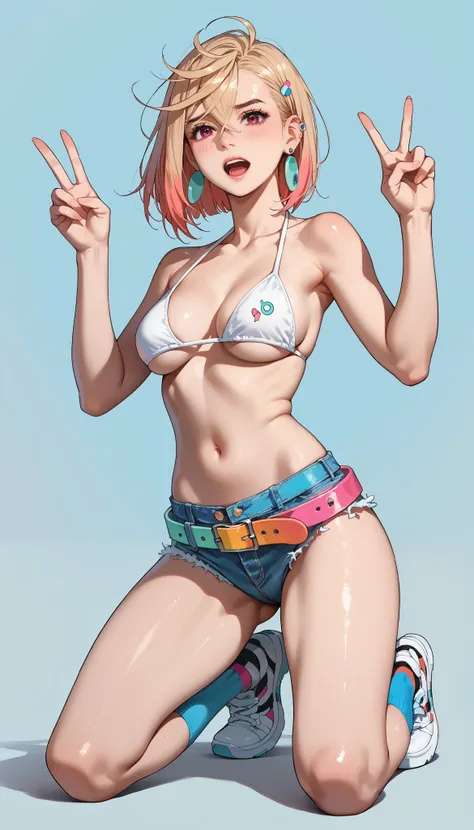 Rating_9, Rating_8_up, Rating_7_up, Rating_6_up, Rating_5_up, Rating_4_up, rape,Momose Momo, best quality, peace sign, bright colors, blond hair, stylish outfit, small white bikini, big sized breasts, large ear rings, playful expression, ear accessories, c...