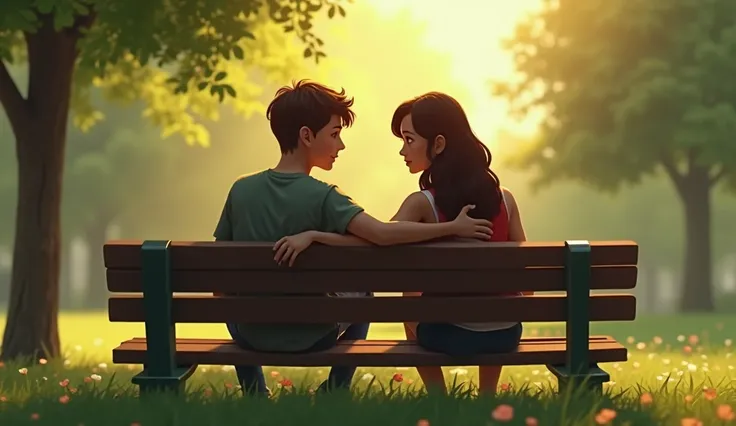 Two friends sitting on a park bench, sharing a heartfelt conversation. One friend has a hand on the other's shoulder, depicting forgiveness and restored friendship.