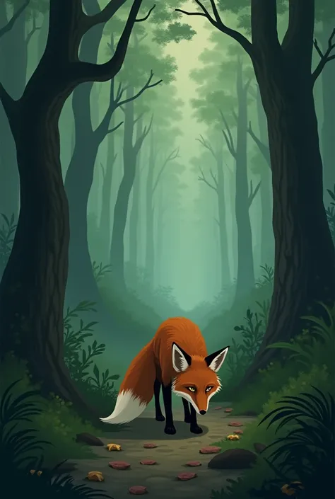 The fox slowly walks back into the forest, looking disappointed. The piece of meat is gone, and its tail droops. The trees around it sway gently in the breeze, and the forest seems quiet."