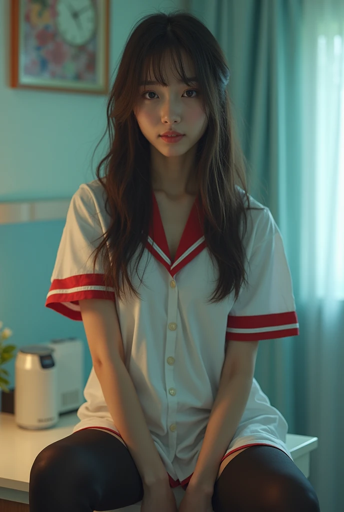 Documentary Photo ， idol girl  ，Extremely beautiful ， big eyes，Sit on the countertop inside the clock hotel room，Awkward Brawl ， long hair and straight waist-length hair ，Slightly wet hair ， Wearing sexy nurse's uniform ，Clothes are messy，Buttons open with...