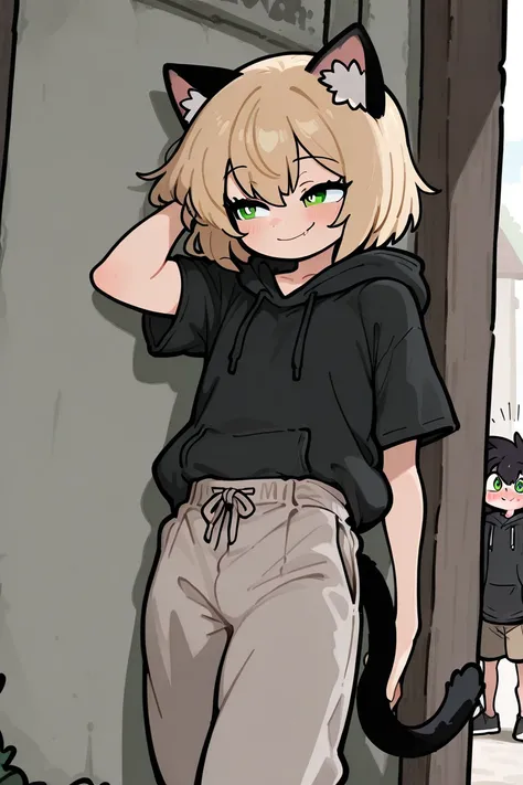  high resolution,  best quality,  blonde,Black cat ears,Black cat tail, 1 Shota,Male,Naughty,Short Hair, green eyes, Large Short Sleeve Black Hoodie,Grey long sleeve,Dowel Dowel Light Brown Pants ,smile,Big black hoodie that doesn't fit my body,