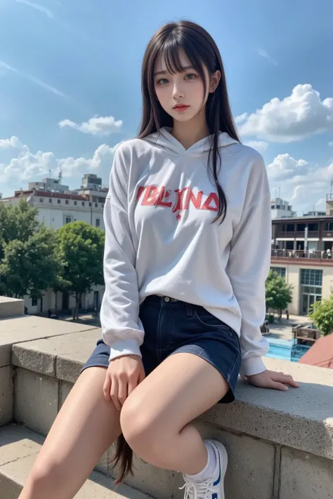 1 woman,blue sky, blurry background ,building,city,cloud,cloudy sky,afternoon, depth of field ,hood,hooded jacket,hoodie,jacket,side,오렌지 hood티,looking up,카메라에 가까운 shoes,Ashdomine , FULL BODY,lips,Long sleeves, are looking at the audience,Motion blur ,outdo...