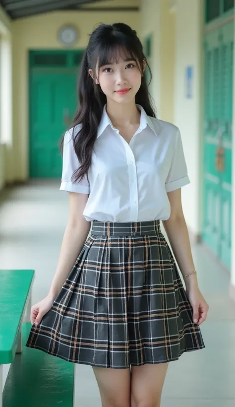  Real high-quality and realistic photos of Thai woman ,  beautiful ((( big boobs ,  big boobs , nsfw))) ,  best quality,  20 year old Thai girl in school uniform standing near a green metal table,   she's wearing a white shirt ((( big boobs ,  big boobs , ...