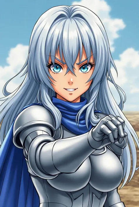 Celes Metalias from Dawn of the Silver Dragon's manga, manga style drawing, light blue eyes, wearing silver armor, very mature face, holding a sword with one hand, ponting the sword to the viewer, eyes facing camera, smirking, mocking camera with bitter sm...