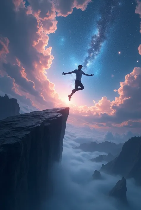  Man jumping off a cliff, Cosmic and magical background