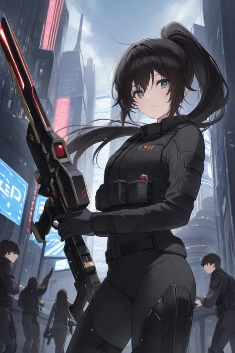 One girl, 18years old, long ponytail, {{black hair}}
Black combat uniform, Holding a black laser blaster rifle, Futuristic city, {{{Perfect Hand}}}, {{{perfect Quality}}}