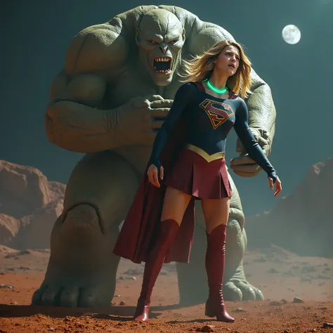 Supergirl is fighting with a huge alien monster, very bright white skin, can see whole body, She is wearing a thin black pantyhose, short red leather fabric skirt, red knee height long boots, blonde hair, lighting green collar on her neck, She is screaming...