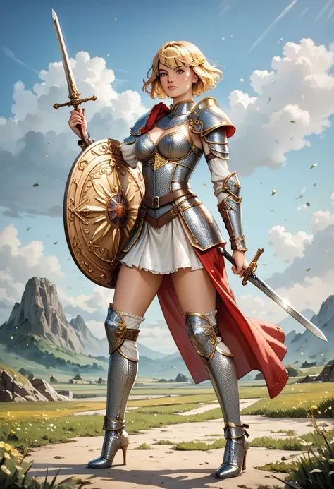 ((Alta qualidade))((bem detalhado))best quality, watercolor drawing, masterpiece, detailed,princess, warrior girl, short haircut, blonde color hair, chainmail ,sexy armor, plate high heel boots, medium breasts, perfect face, beautiful face, fantasy, large ...