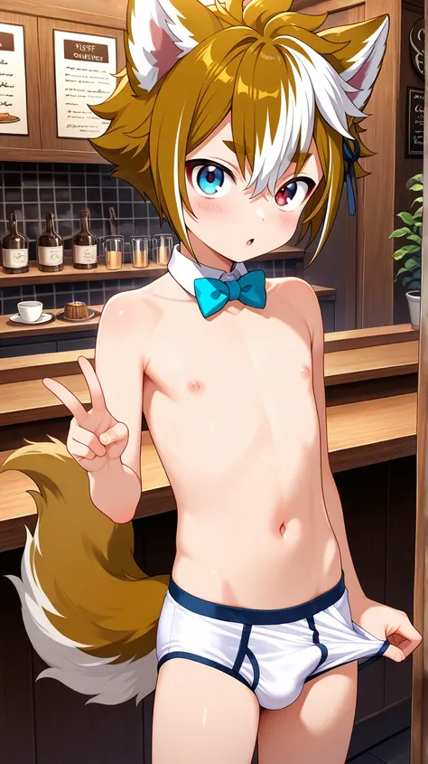 masterpiece, best quality, amazing quality, colorful, vibrant, very aesthetic, detailed background, , male,young boy,gorou, boys,Shota,dick ,,red eyes, young, adult:1.2,blue eyes, , ,Shota,dick ,blushed, topless, serving, navel, lined up, café, innocent bo...