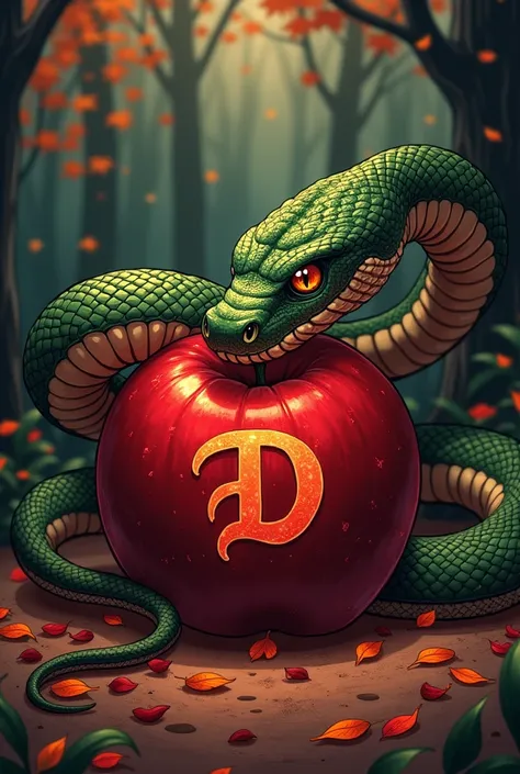 Snake biting an apple with a "will of D" engraved in the apple. Make the snake as anime as possible and have haki aura same with one piece anime. Have a fall forest background for it as well.  Make a black flame effects surrounding the snake like one piece...