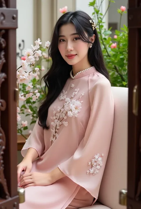 RC Hoang, Vietnamese, aodaiv10, The woman: slim figure, young and grace, gentle smile, showing forehead, black messy hair, very long hair, wearing pale pink clothes, Vietnam Áo Dài, traditional vietnamese dress, baggy dress, dark pink dress, chiffon textur...