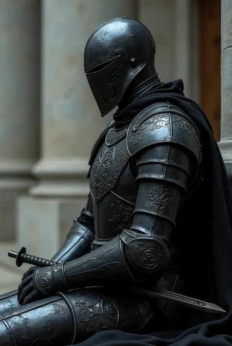 
Black Knight armor and full helmet seated in profile and sword