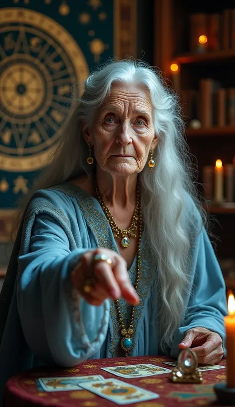 " A captivating depiction of a seer   , about 95 years old   ,    exuding an air of mystery and wisdom   .    She has penetrating eyes that seem to see beyond the present   ,    framed by fine lines that add character to your face   . Your long,    wavy ha...