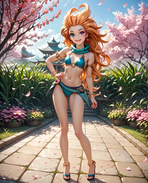 Eye heterochromia ,   girl Zoe,  длинные  Hair,  Hair , Bikini, sexy,good body,curved,shine,posing full length,Body parts are visible, navel, attractive,  smile, Mysterious atmosphere ,flirting with the public, extreme detailed, masterpiece, A clear study ...