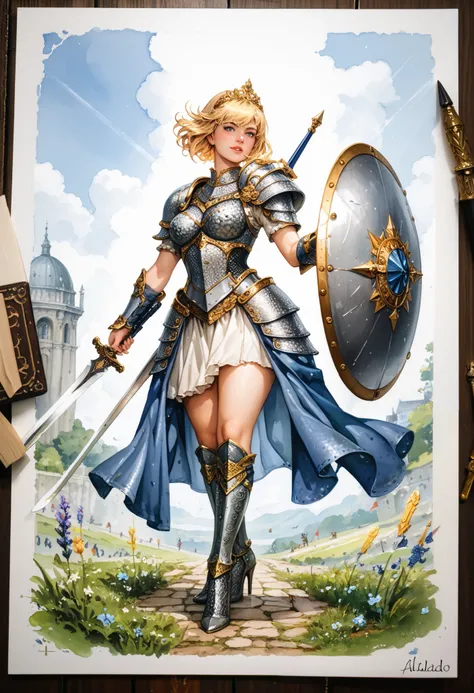 ((Alta qualidade))((bem detalhado))best quality, watercolor drawing, masterpiece, detailed,princess, short haircut, blonde color hair, chainmail ,sexy armor, plate high heel boots, medium breasts, perfect face, beautiful face, fantasy, large hips ((full bo...