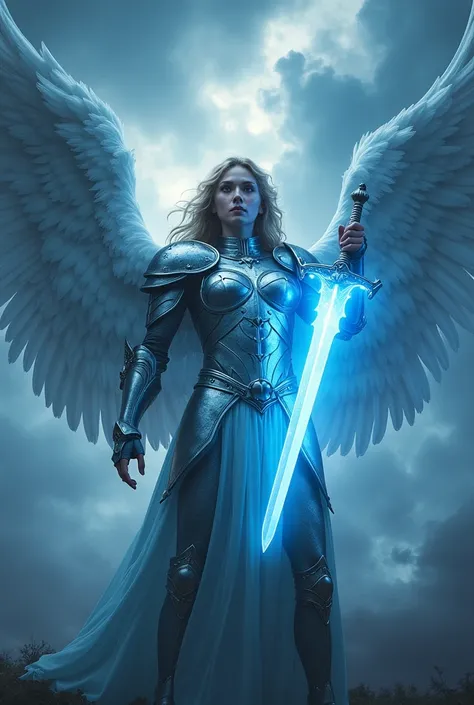 "close-up beautiful face. A majestic archangel with a glowing blue sword, standing confidently amidst a stormy sky, symbolizing protection and courage. The angel has shining silver armor and large, radiant wings emitting a blue light. The background featur...