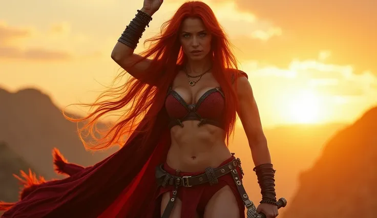 A strong woman with long, flowing red hair, wearing a leather harness and a flowing, tattered cape. She stands confidently with one arm raised, holding a sword, her other hand resting on her hip. The sun sets behind her, casting a golden glow on her muscul...