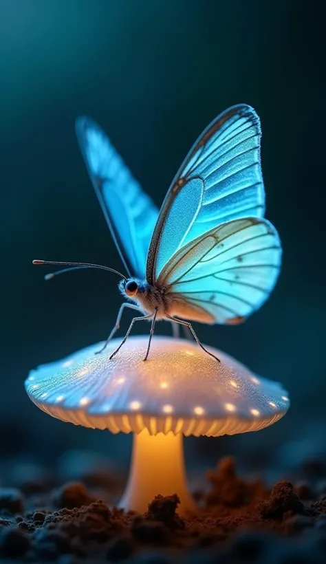 A butterfly with translucent, glowing wings landing on a glowing mushroom. (Macro shot, slow zoom in)